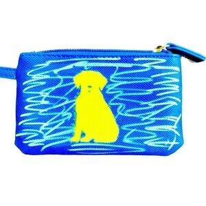 Hand Painted Yellow Labrador dog on blue Rosetti wristlet with zipper enclosure